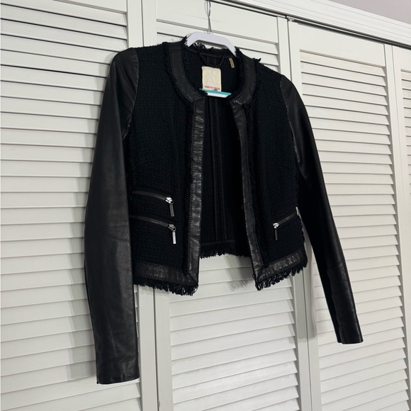 Rebecca Taylor Black Blazer Moto Jacket Lamb Leather Sleeves Work Fringe Sz 2 - Picture 2 of 7